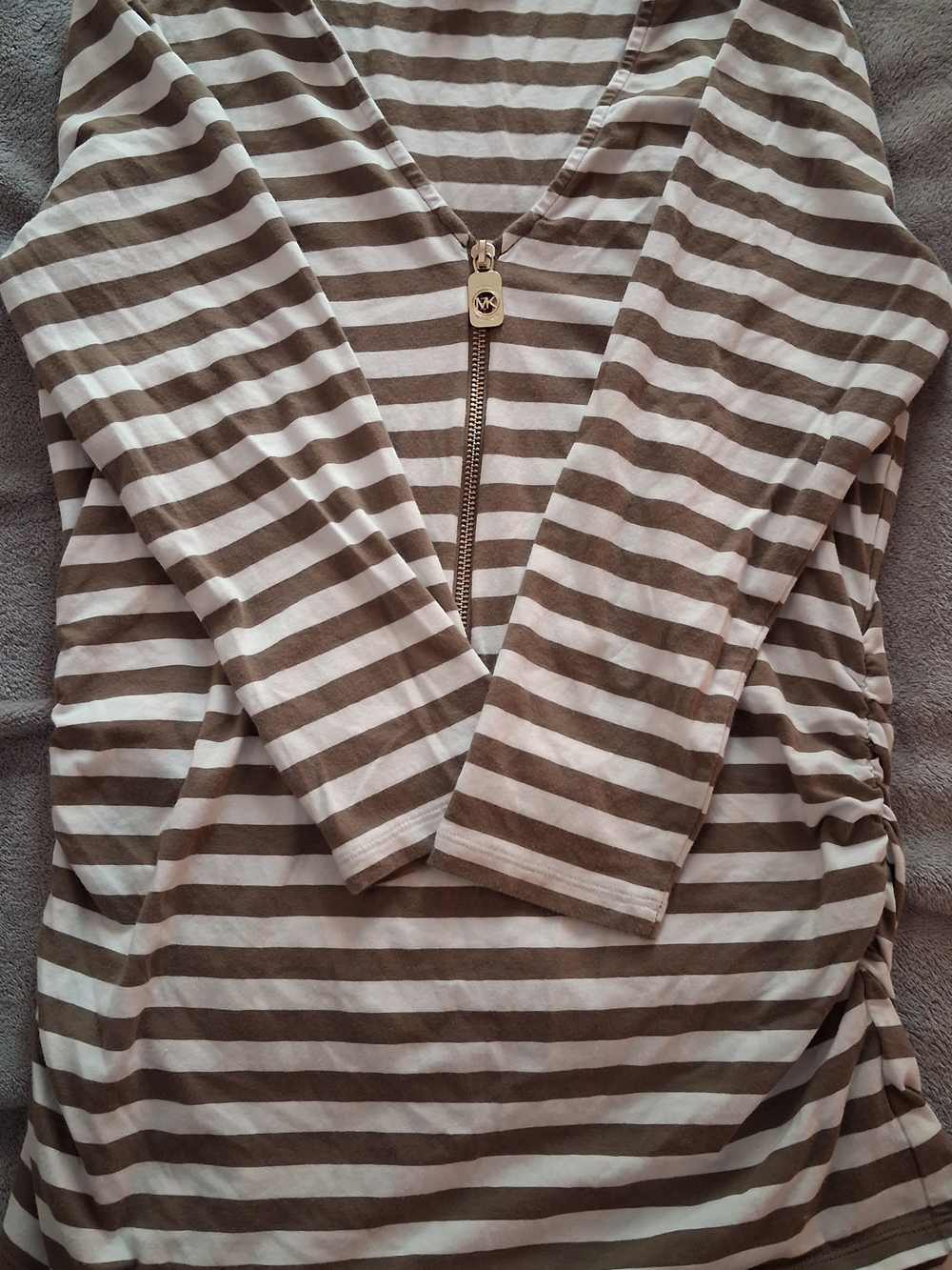 Womens Michael Kors Brown & White Striped V-Neck Zip Long Sleeve Top